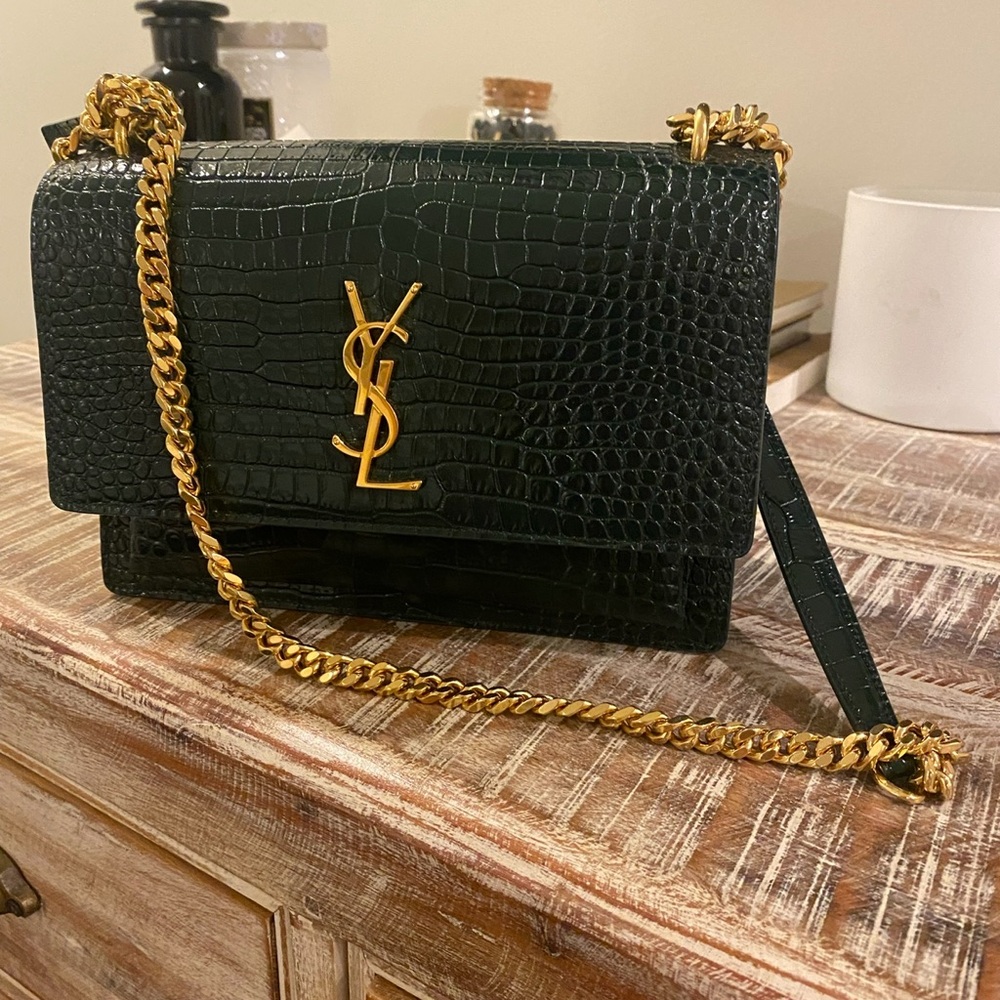 Yves Saint Laurent Emerald Croc-Embossed Crossbody Bag **NEVER USED**